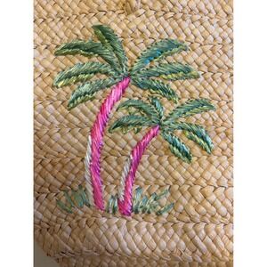 Woven Corn Husk Straw Y2K Palm Tree Embroidery Beach Bag w Green Polka Dot liner